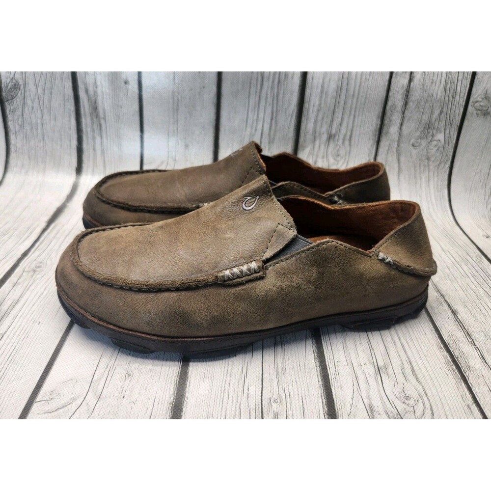 OluKai Moloa Shoes Men's 8.5 Brown Leather Slip On Casual Loafers Moccasin